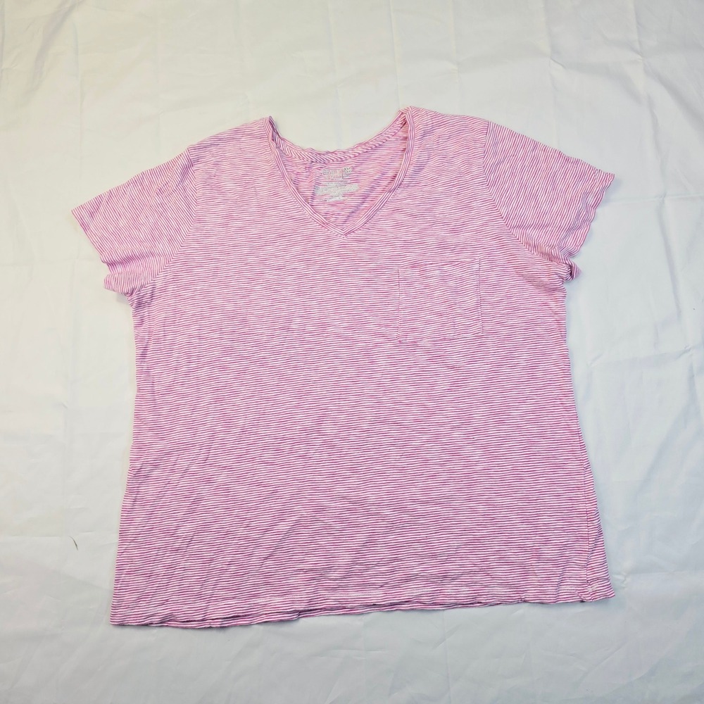 Time and Tru Womens XXL V-Neck T-Shirt Size 20 Pink Lolita Stripe Pocket Z94